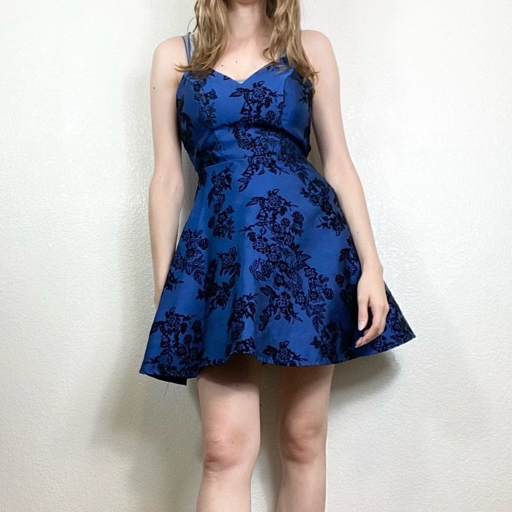 B. Darlin Blue & Black Floral Velvet Open Back A Line Dress